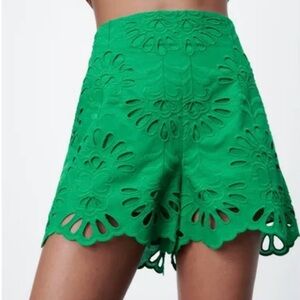 Zara High Waist Green Lace Shorts